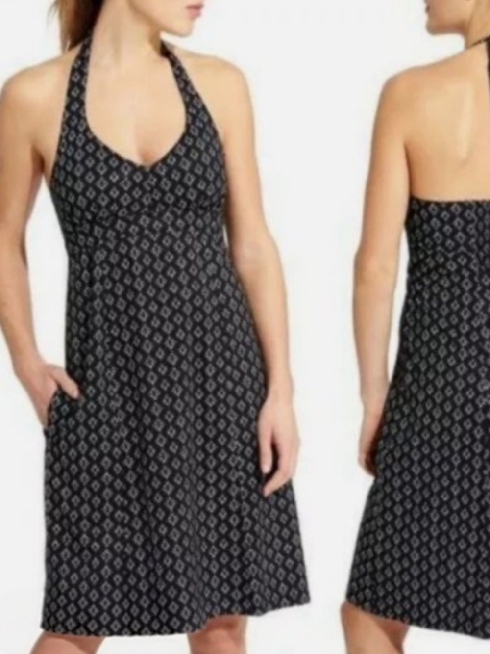 Athleta Women's Everywhere Halter Neck Black White Print Sundress Size 6